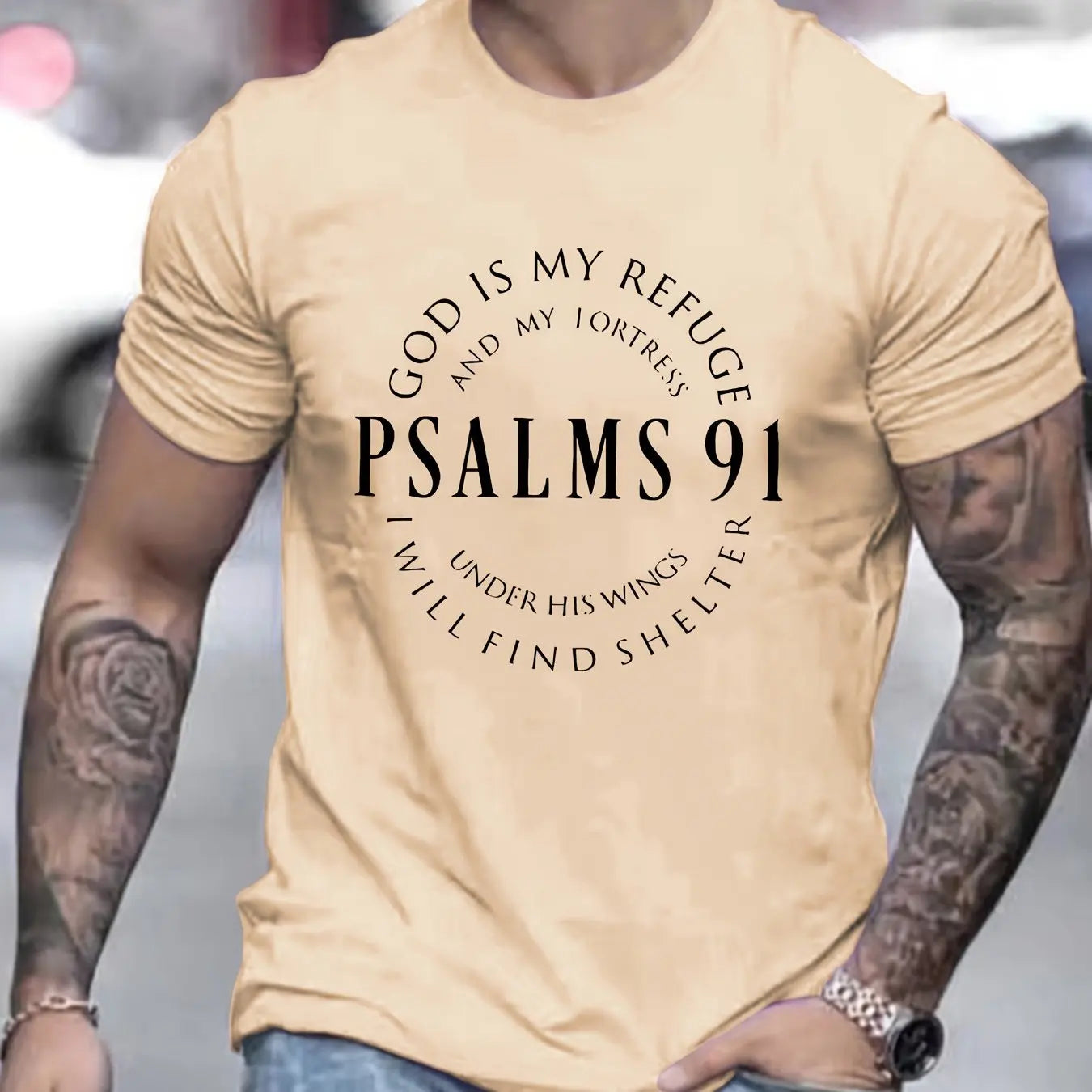 Men's 100% cotton summer loose fit Trendy Letter Psalms 91 Letter Ring Pattern print casual round neck short sleeved T-shirt