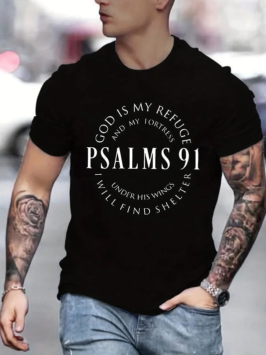 Men's 100% cotton summer loose fit Trendy Letter Psalms 91 Letter Ring Pattern print casual round neck short sleeved T-shirt