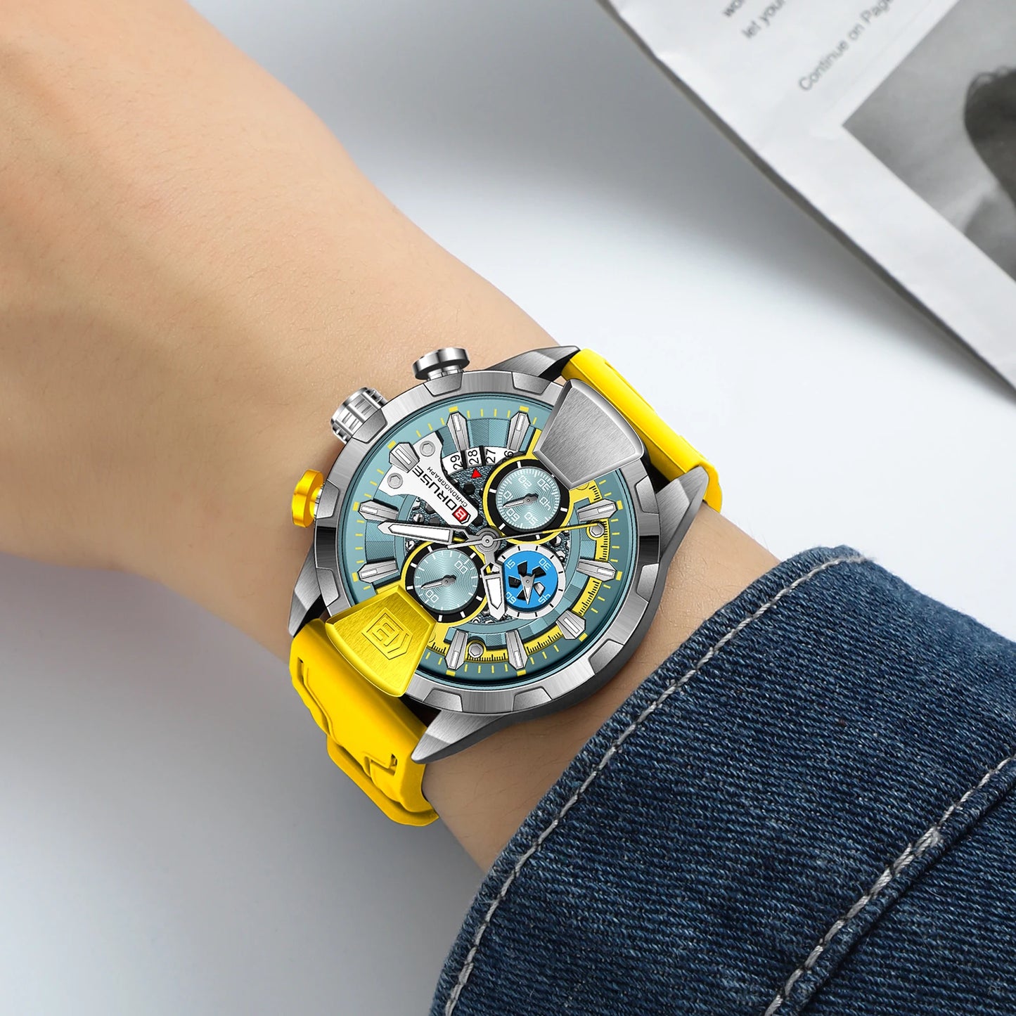 BORUSE Yellow Watches for Men Waterproof Chronograph Watch Mens Business Luminous Wristwatch Calendar Clock Relogio Masculino