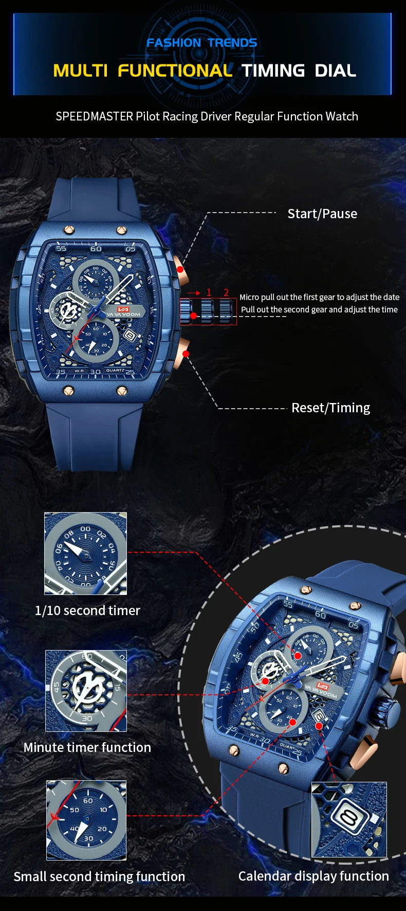 2025 New VA VA VOOM Top Brand Men Watches Luxury Square Sports Quartz Watch Waterproof Multifunctional Chronograph Watch for Men