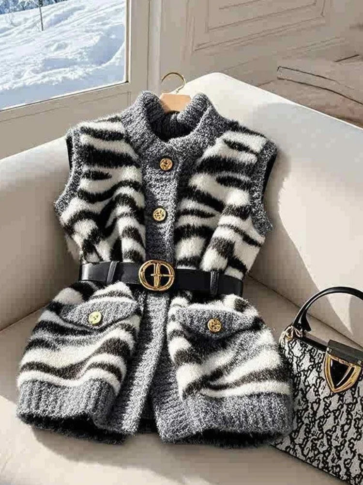 Gray Zebra Stripes Knitted Blazers Vest for Women Winter Cardigan Jackets Sleeveless Sweater Vest Y2K Fashion Office Lady Formal