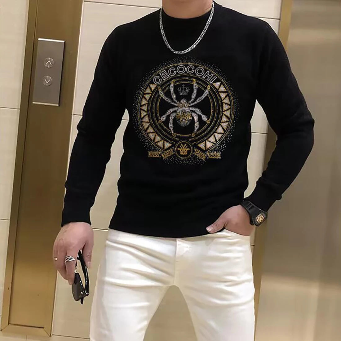 Men's Sweater Pullover  Winter New Fashion Rhinestone Printing Luxury Popular Homme Clothing Warm Streetwear Black Inner Garment