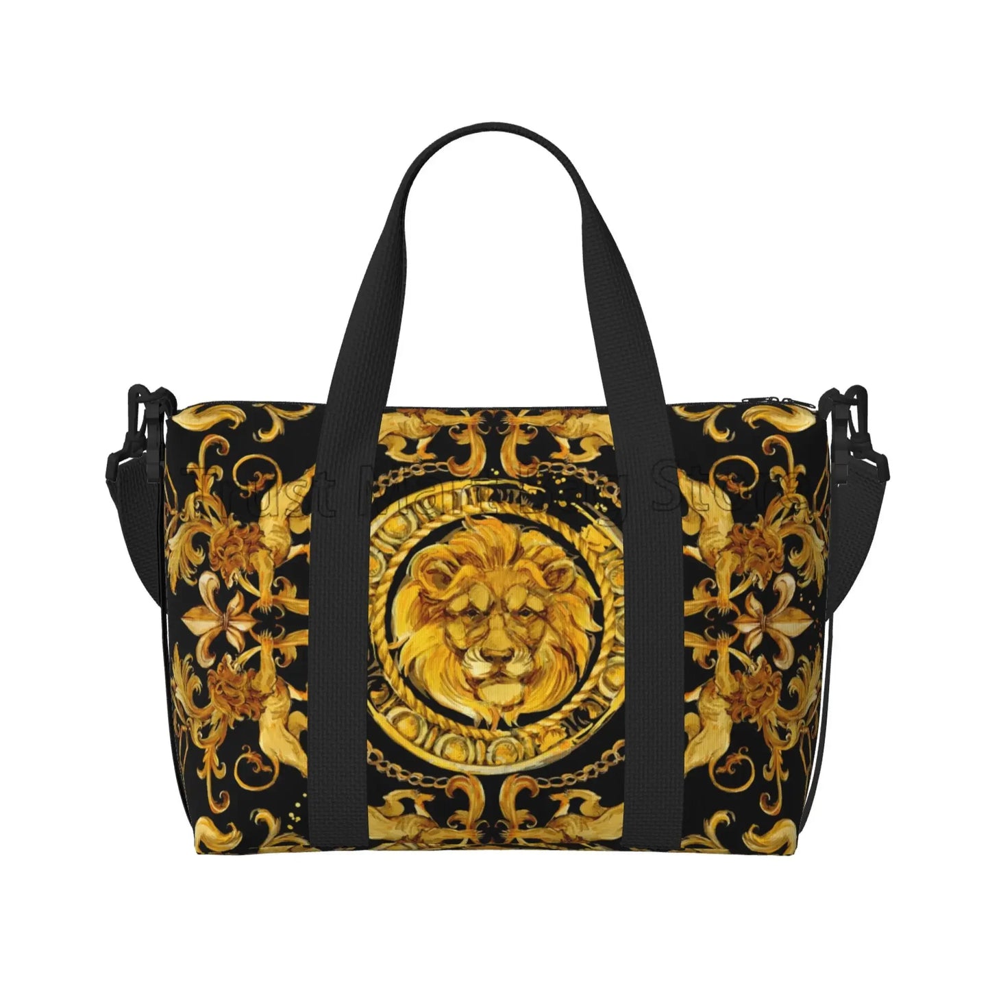 Golden Lion Baroque Pattern Travel Duffel Bag Personalized Weekender Bags with Shoulder Strap Unisex Sports Gym Overnight Bag