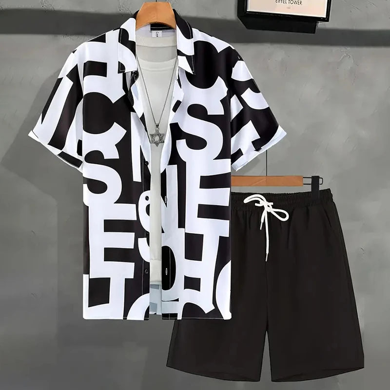 Men's Shirts Fashion Trend Short Sleeve Shorts 2 Piece Sportswear Summer Beach Casual Loose Shorts Tops Street Hip Hop Men Sets