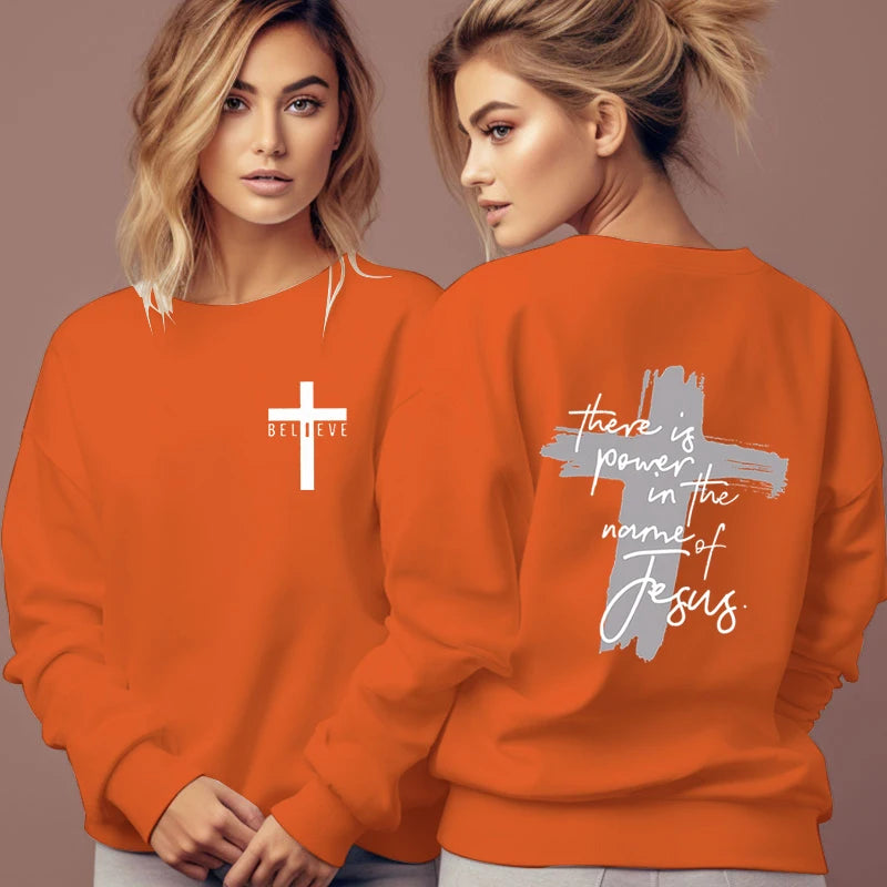 Women Christian Faith Sweatshirt There Is Power in The Name of Jesus Graphic Letter Hoodie Female Cross Faiths Hoodless Pullover