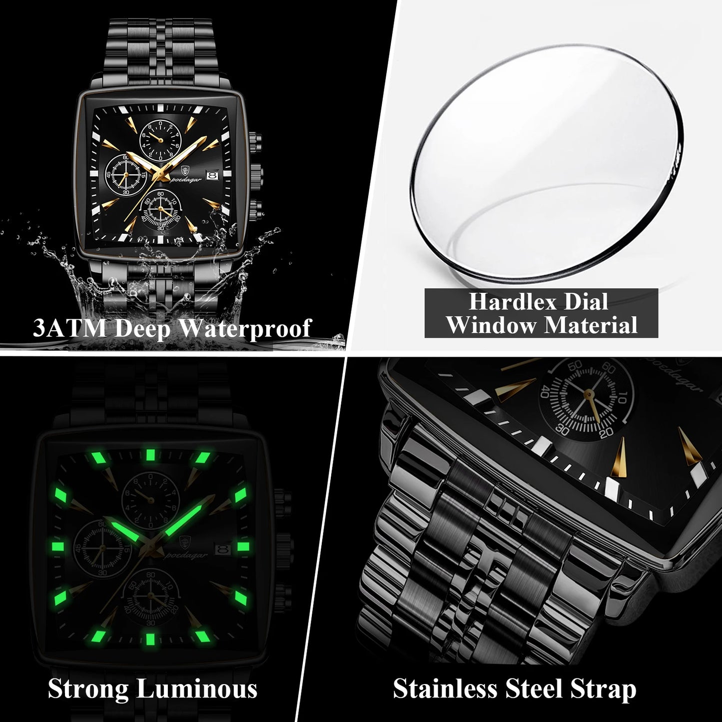 POEDAGAR Business Men Clock Waterproof Luminous Calendar Chronograph Square Man Watch Stainless Steel Quartz Men's Watches Reloj